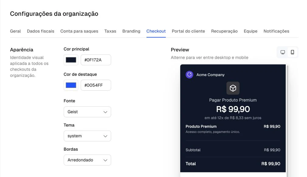 Configuração de checkout da Chargefy com logo, cores, fonte e prévia da identidade de uma empresa de demonstração